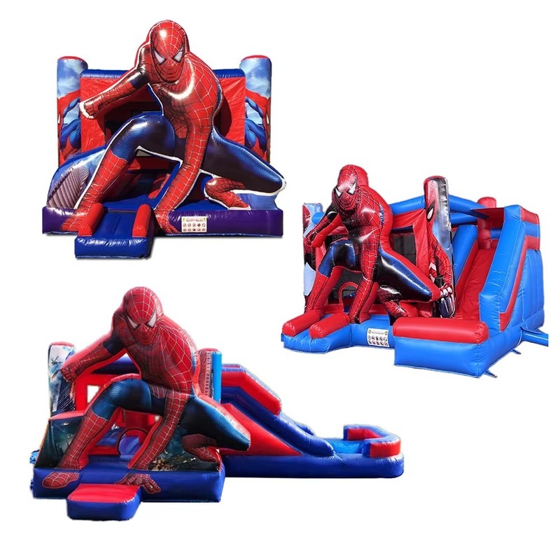 Spiderman temático castillo inflable con tobogán seco y 950w soplador para niños fiesta 5 * 5 * 3,6m tamaño 1-6 personas capacidad