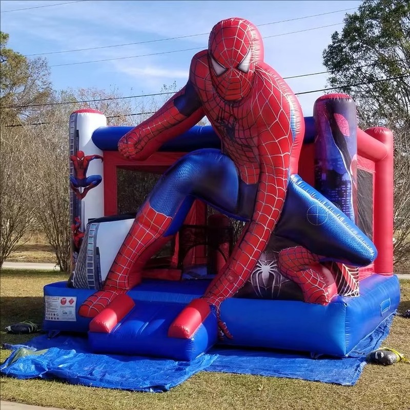 Spiderman temático castillo inflable con tobogán seco y 950w soplador para niños fiesta 5 * 5 * 3,6m tamaño 1-6 personas capacidad