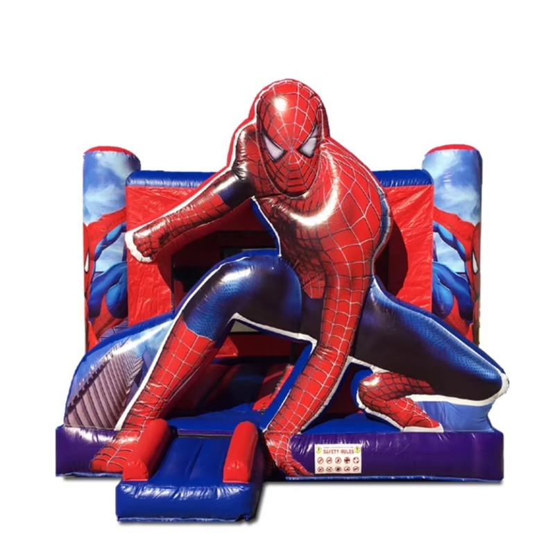 Spiderman temático castillo inflable con tobogán seco y 950w soplador para niños fiesta 5 * 5 * 3,6m tamaño 1-6 personas capacidad